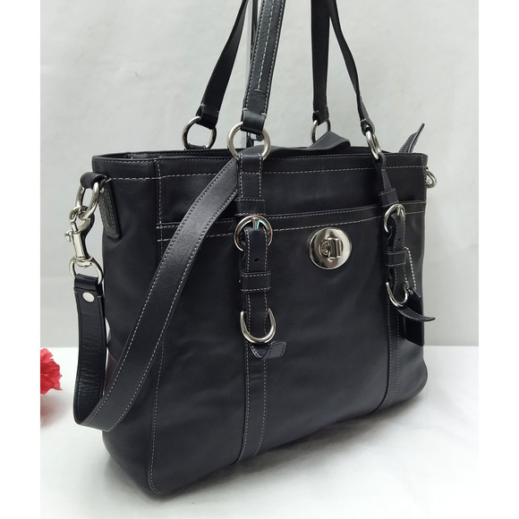 Coach Black Soft Leather Turnlock Double Handles Satchel Zipper Closure Bag - Picture 2 of 16